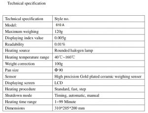 Spesifikasi Tekhnis Halogen Moisture Analyzer